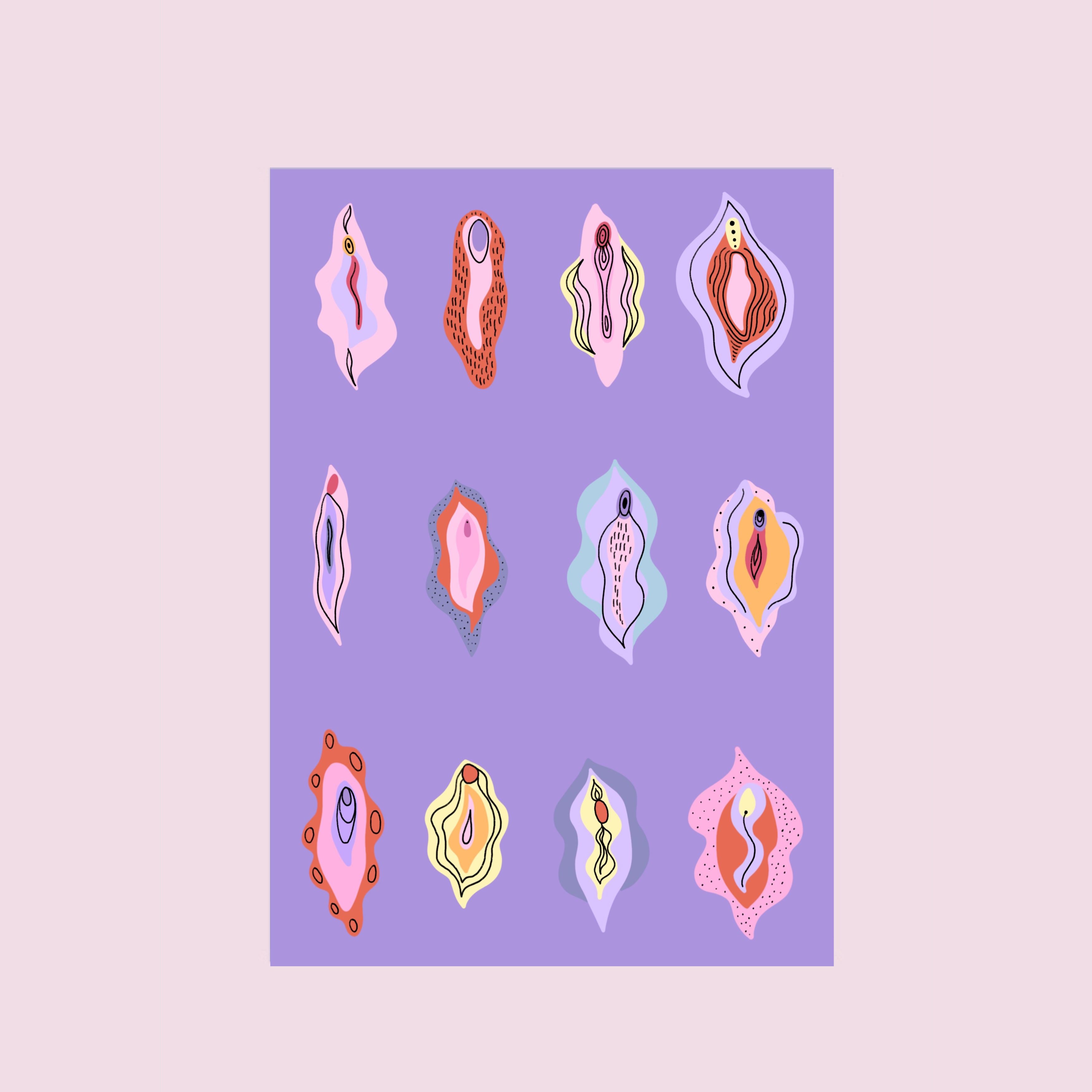 Illustration von zwölf bunten, abstrakten Vulva Formen in einem Raster auf einem lila Hintergrund angeordnet, die jeweils mit einzigartigen Mustern und Designs, gegen eine helle rosa Rahmen gesetzt.