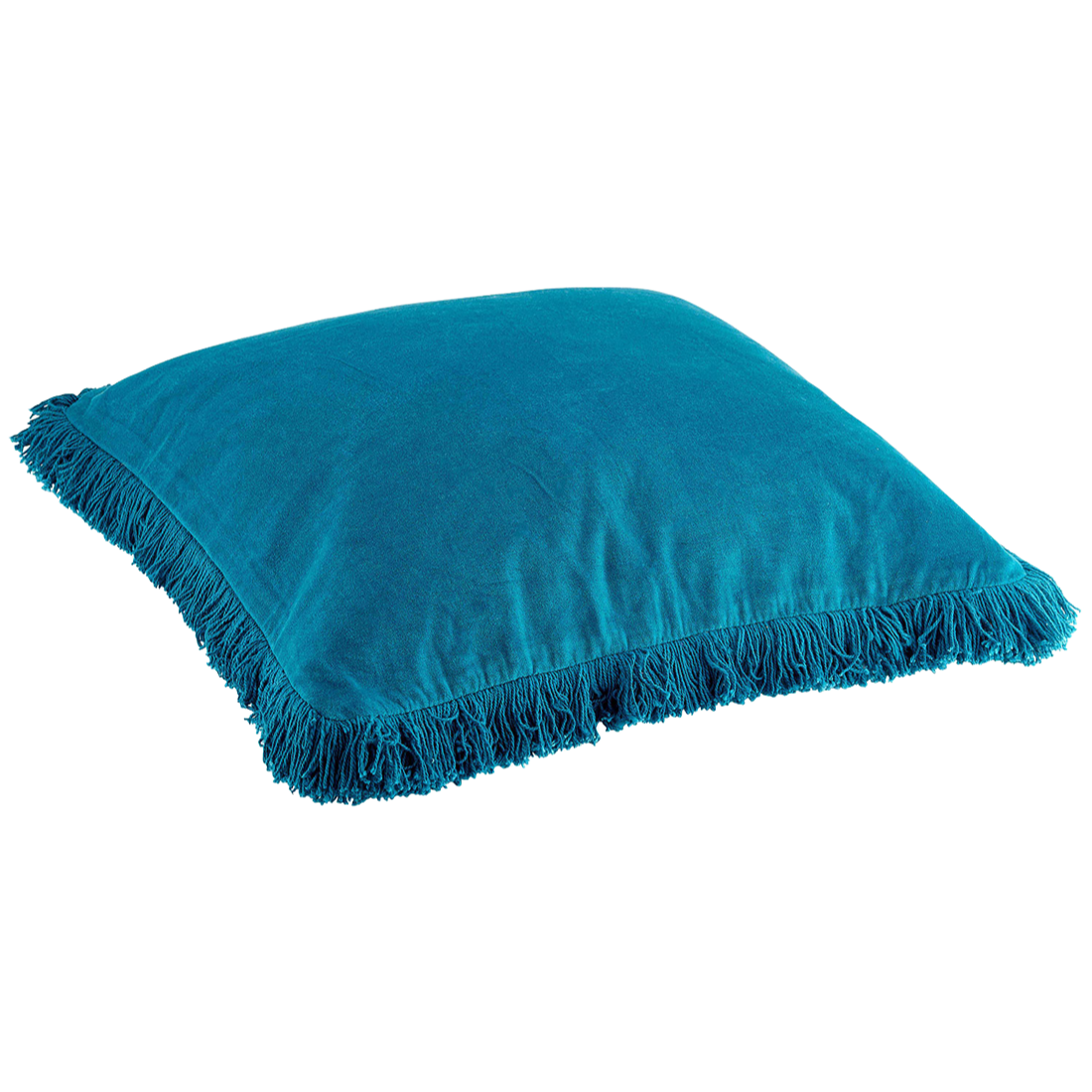 Ein quadratisches, blaugrünes Kissen mit Fransen an den Rändern vor einem weißen Hintergrund.