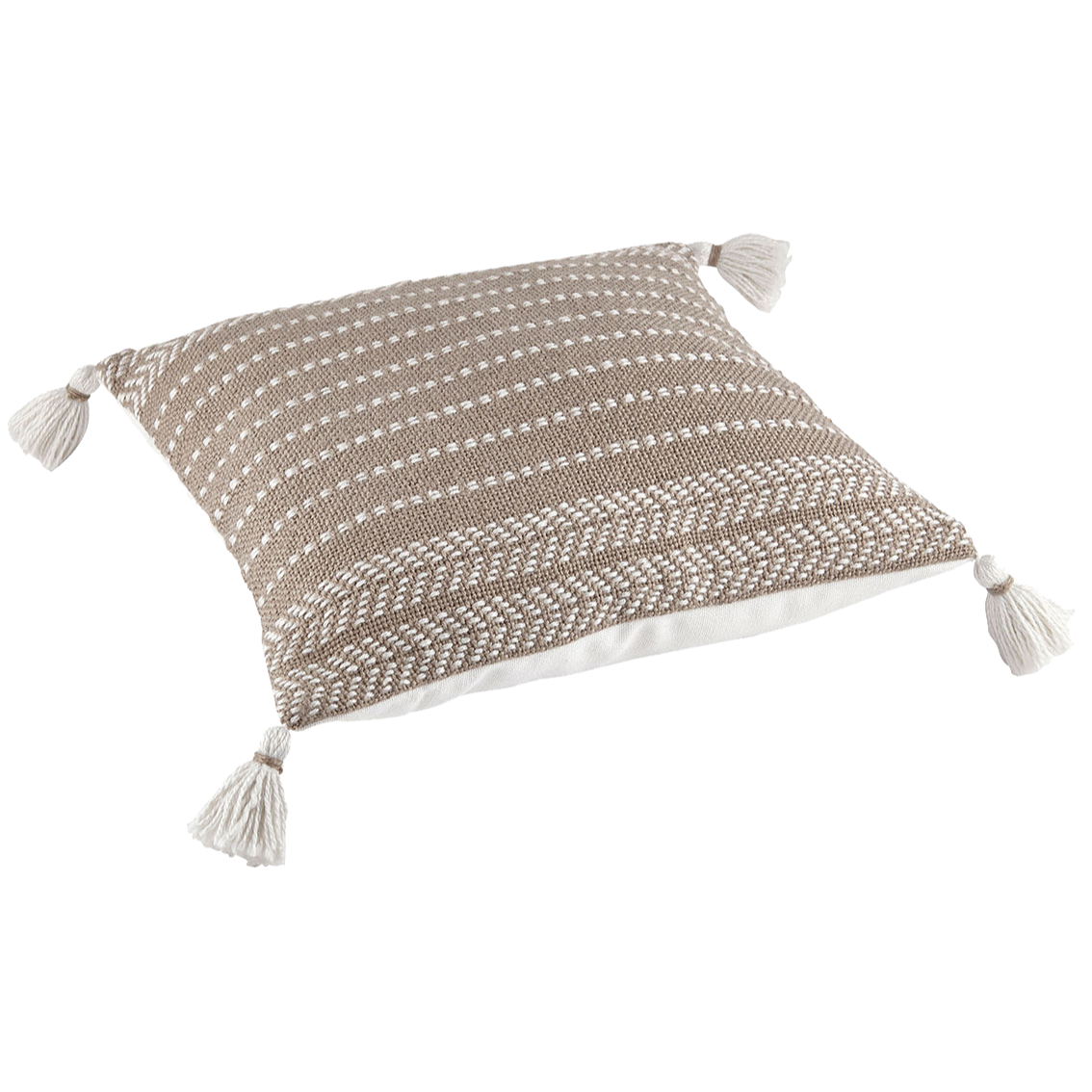 Ein quadratisches Zierkissen mit beige-weißem Webmuster und weißen Quasten an jeder der vier Ecken.