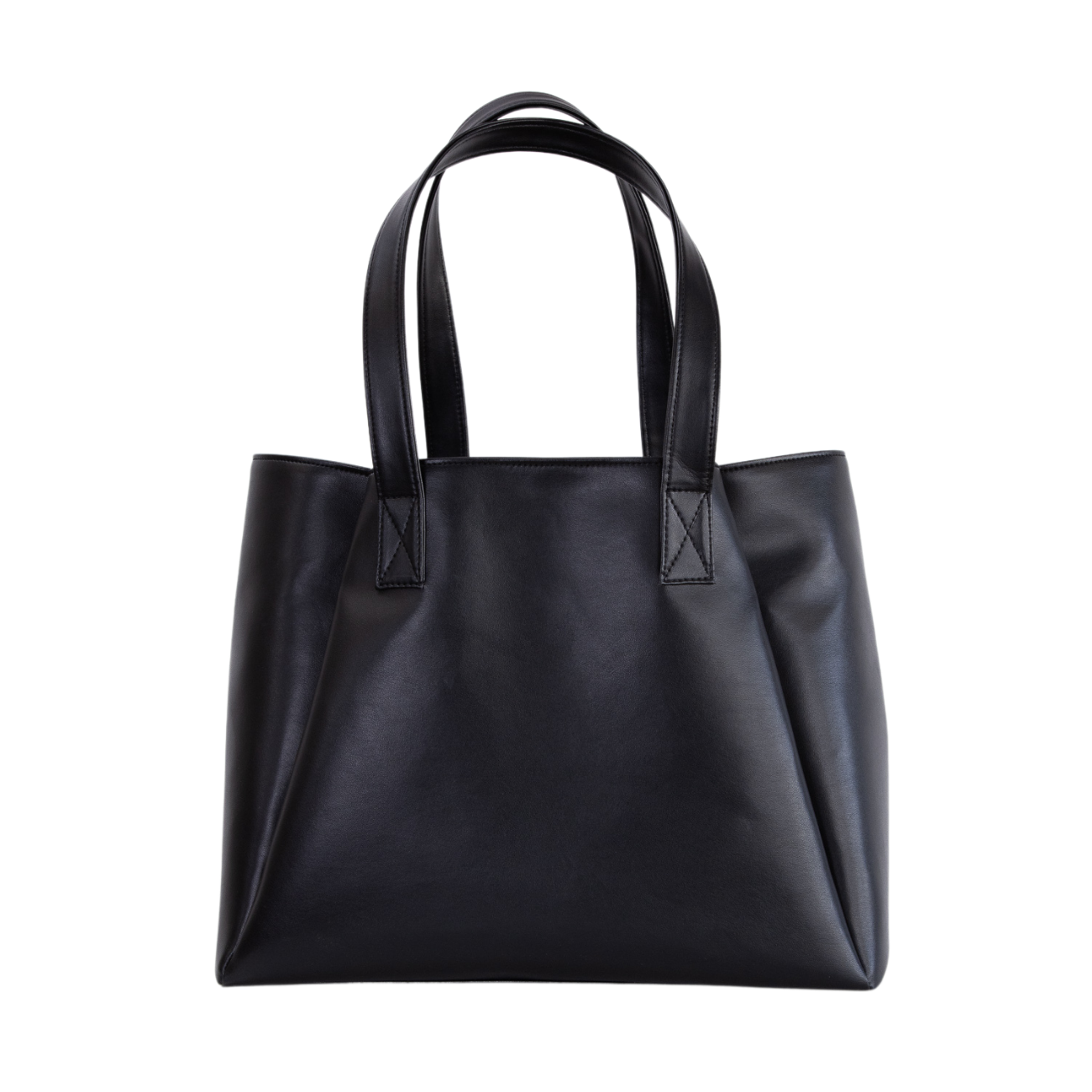 Schwarze Ledertasche mit zwei Griffen, auf weißem Hintergrund abgebildet.