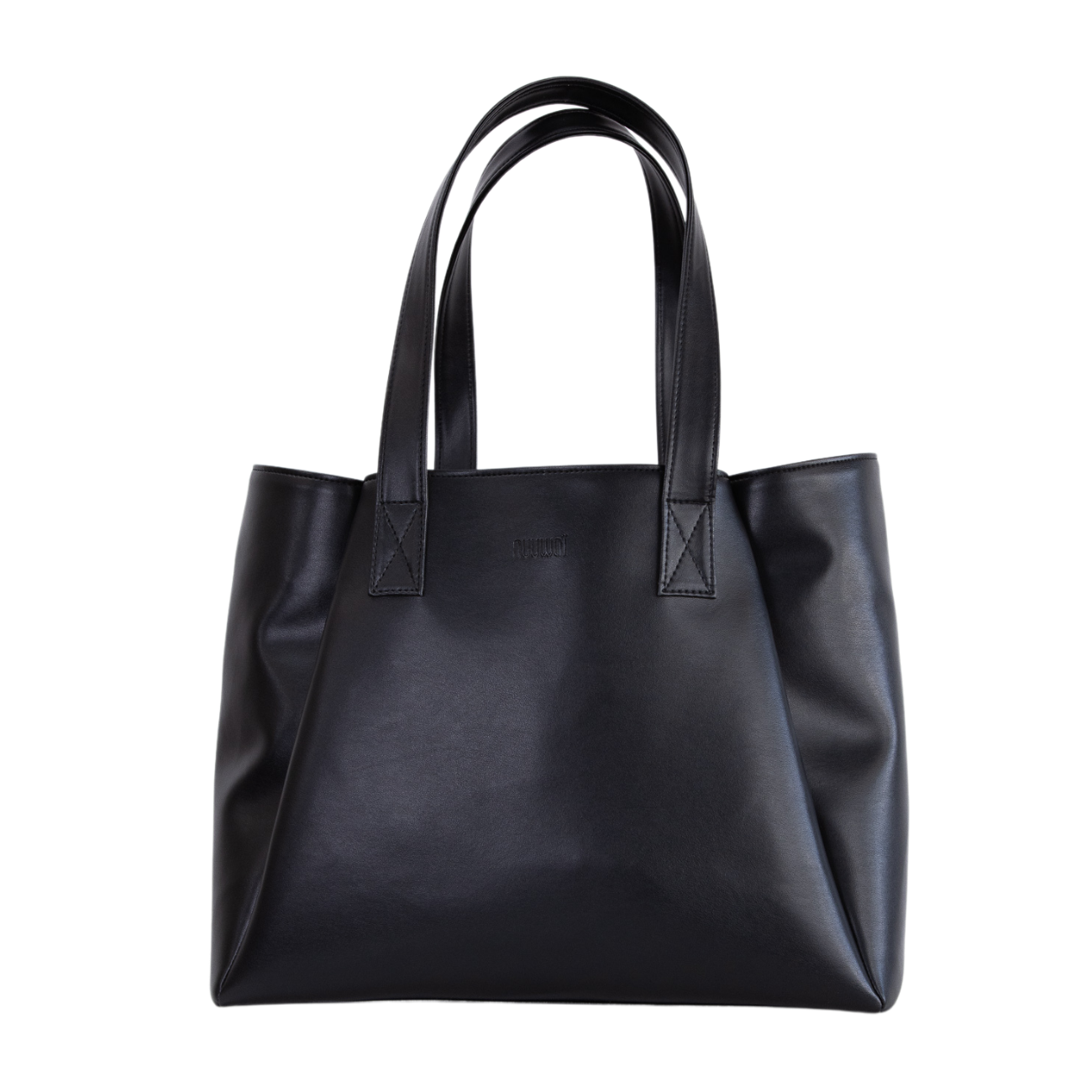 Schwarze Lederhandtasche mit zwei Trageriemen vor weißem Hintergrund.