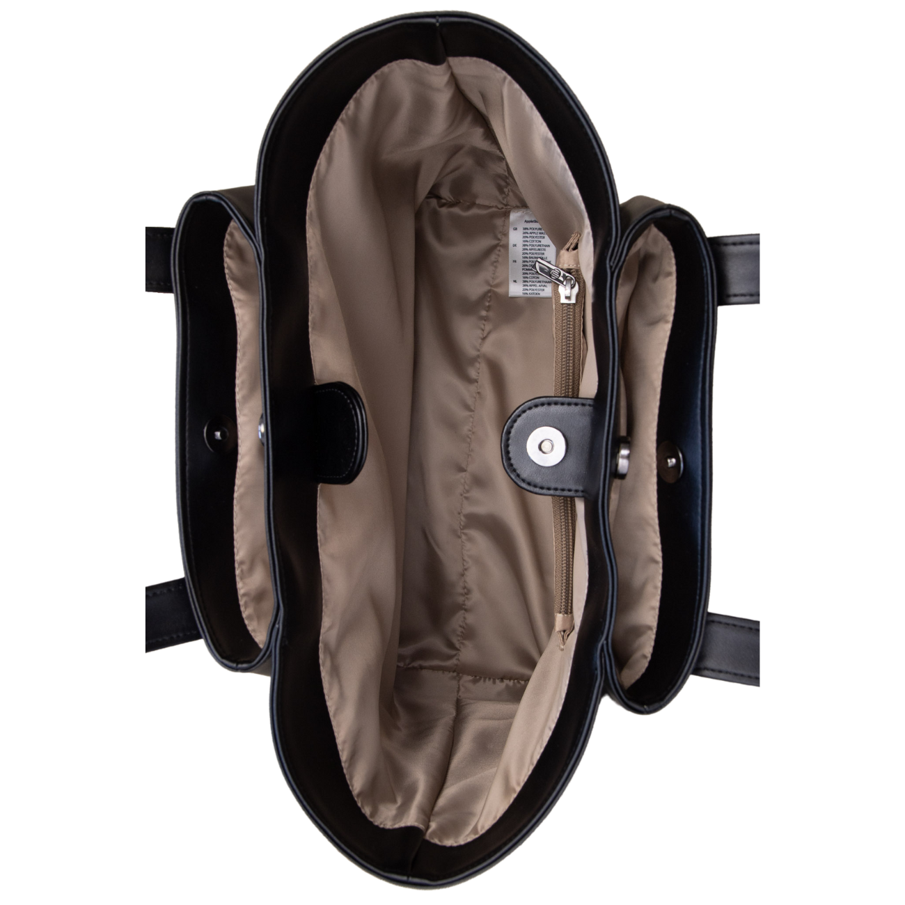 Geöffnete schwarze Handtasche mit beigem Innenfutter und einer Reißverschlusstasche an der Seite.