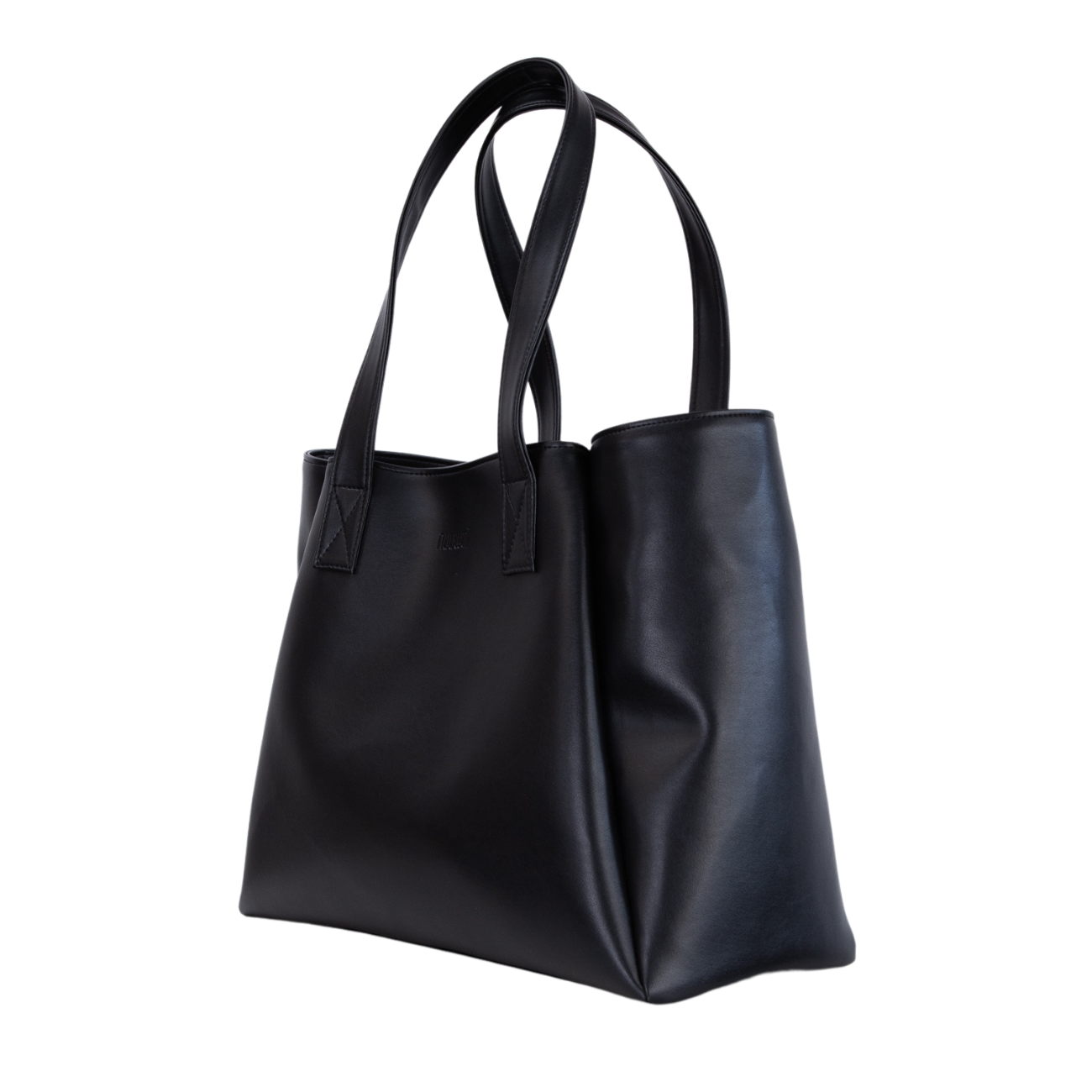 Schwarze Ledertasche mit zwei Griffen, schlichtes Design, auf weißem Hintergrund.