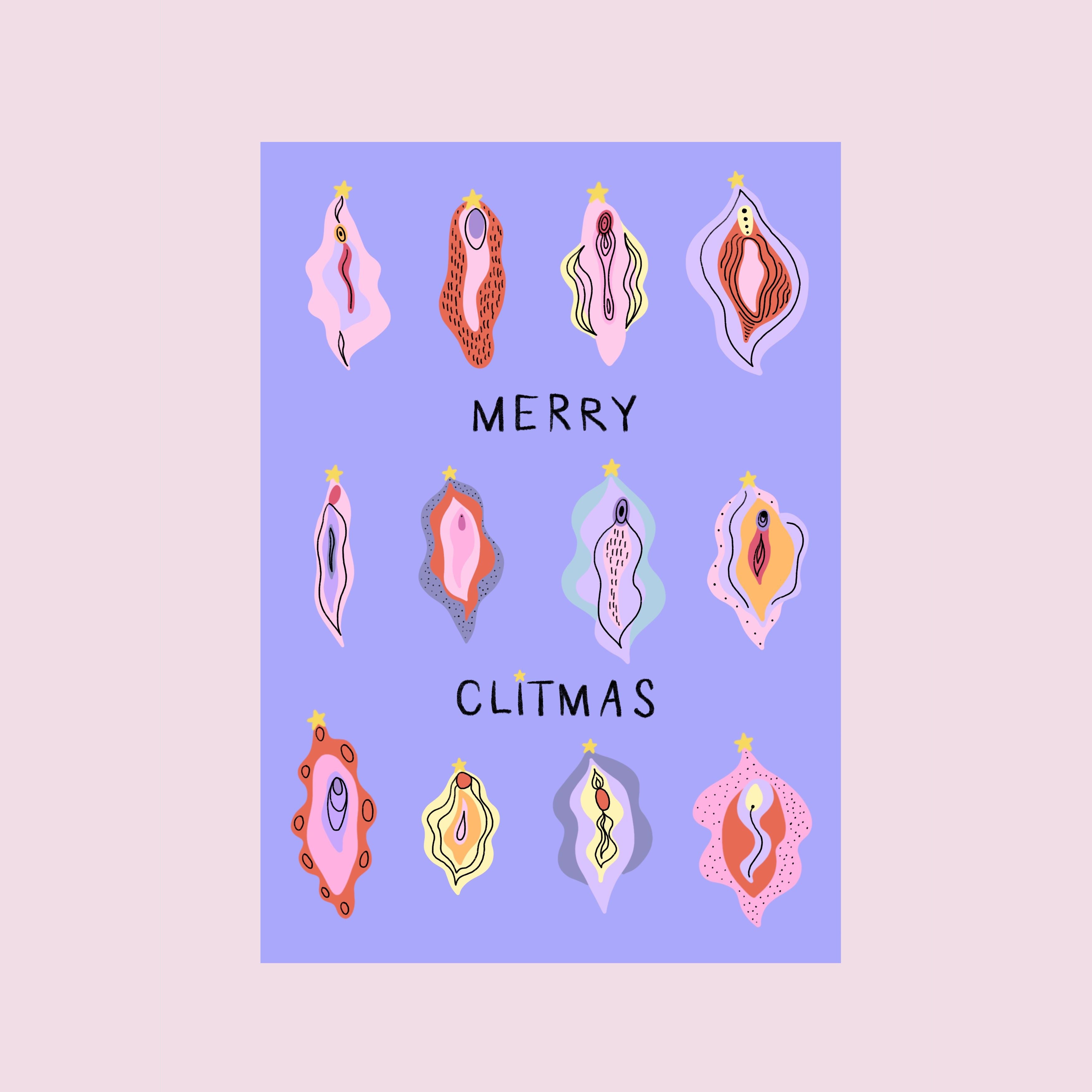 Eine pastellfarbene lila Karte zeigt zwölf illustrierte Vulven, jede gekrönt von einem goldenen Stern. Der Text in der Mitte lautet "Merry Clitmas". Der Hintergrund ist hellrosa.