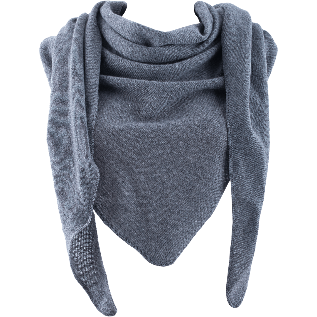 Ein weiches, graues Dreieckstuch mit drapierten Falten und spitzen Enden auf weißem Hintergrund.