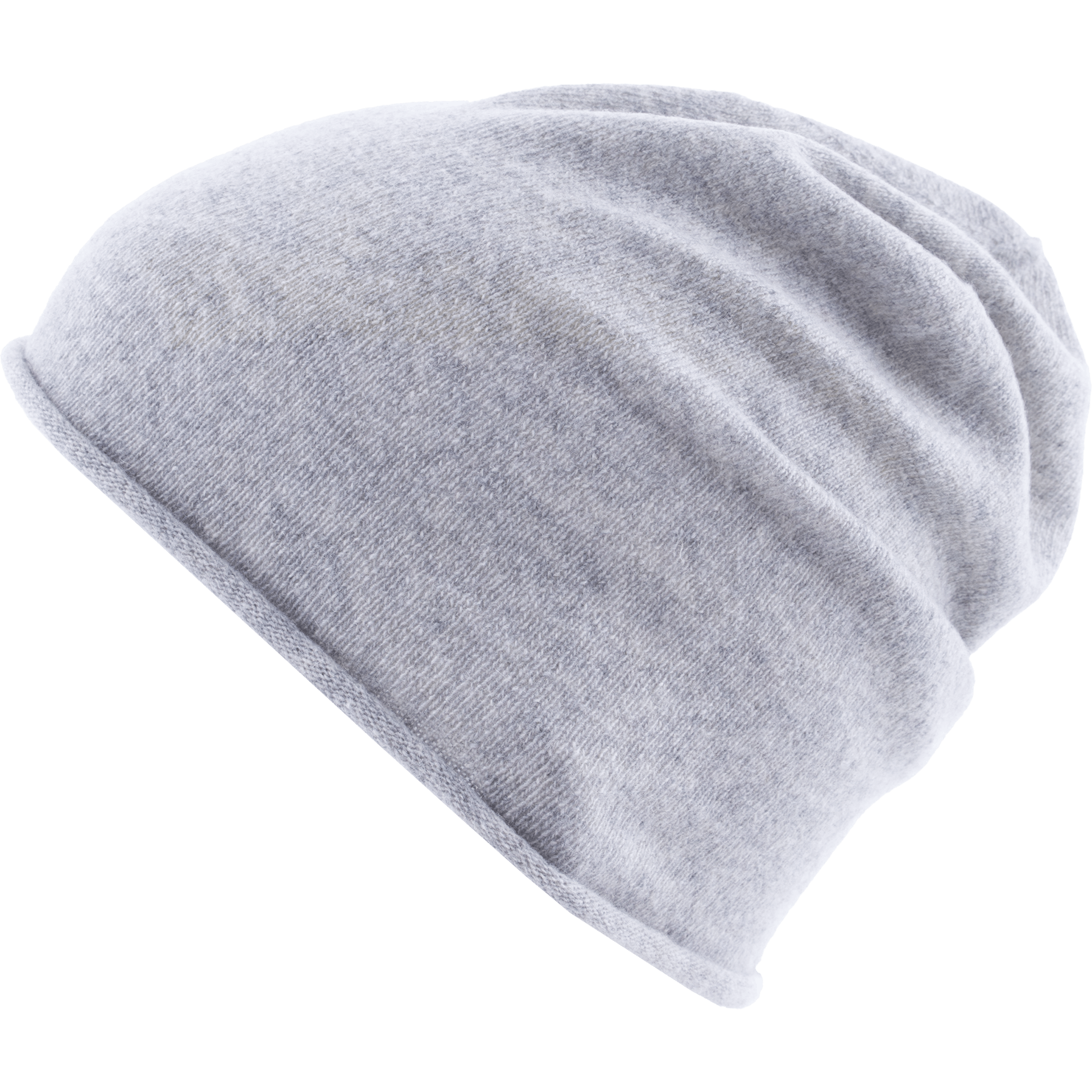 Hellgraue Beanie-Mütze aus weichem Stoff, von der Seite gesehen vor einem schlichten weißen Hintergrund.
