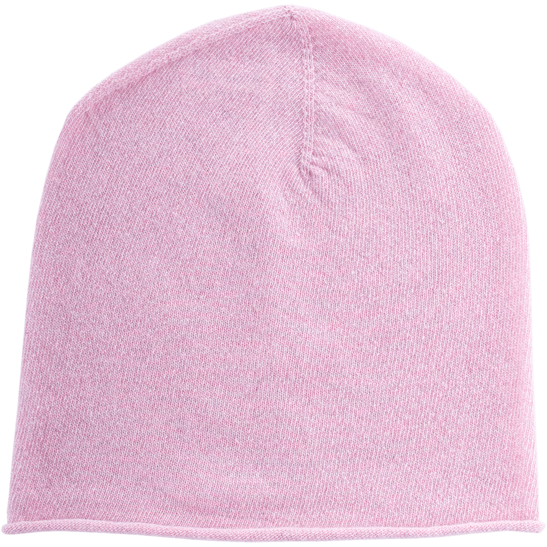 Eine hellrosa Strickmütze vor weißem Hintergrund, von vorne mit sichtbaren Nähten und einem einfachen, schnörkellosen Design.