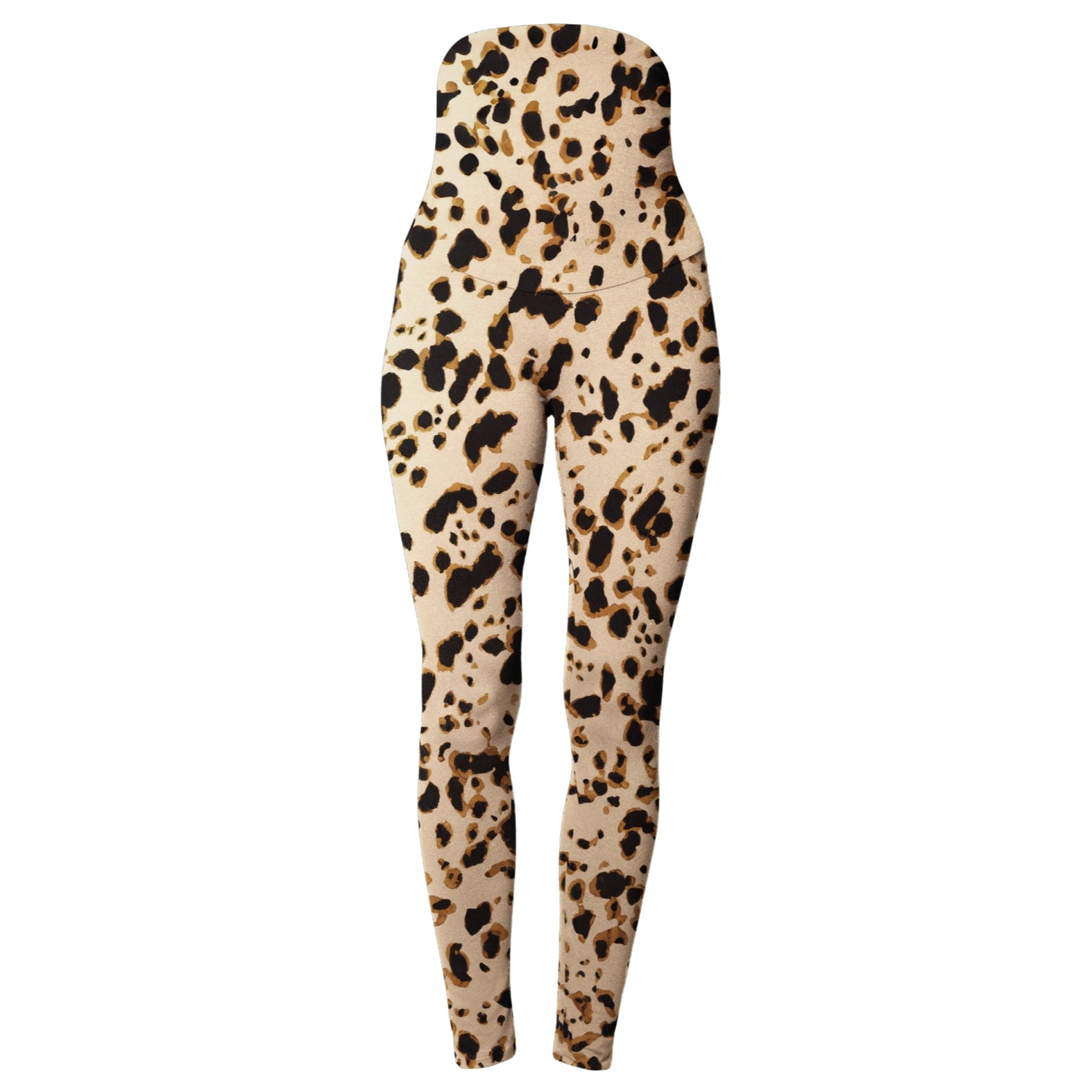 Hochtaillierte, taillierte Leggings mit beigem Hintergrund und schwarzem und braunem Leopardenmuster auf weißem Hintergrund.