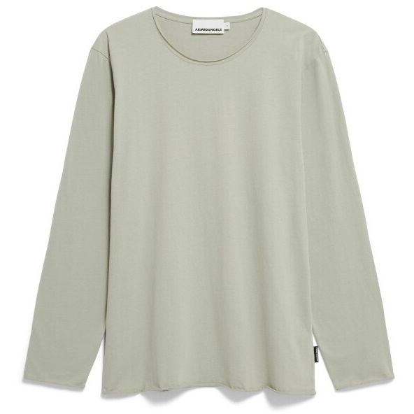 Ein hellgraugrünes, langärmeliges T-Shirt mit Rundhalsausschnitt, flach auf weißem Hintergrund. Ein kleines Etikett ist an der hinteren Innenseite des Kragens sichtbar.