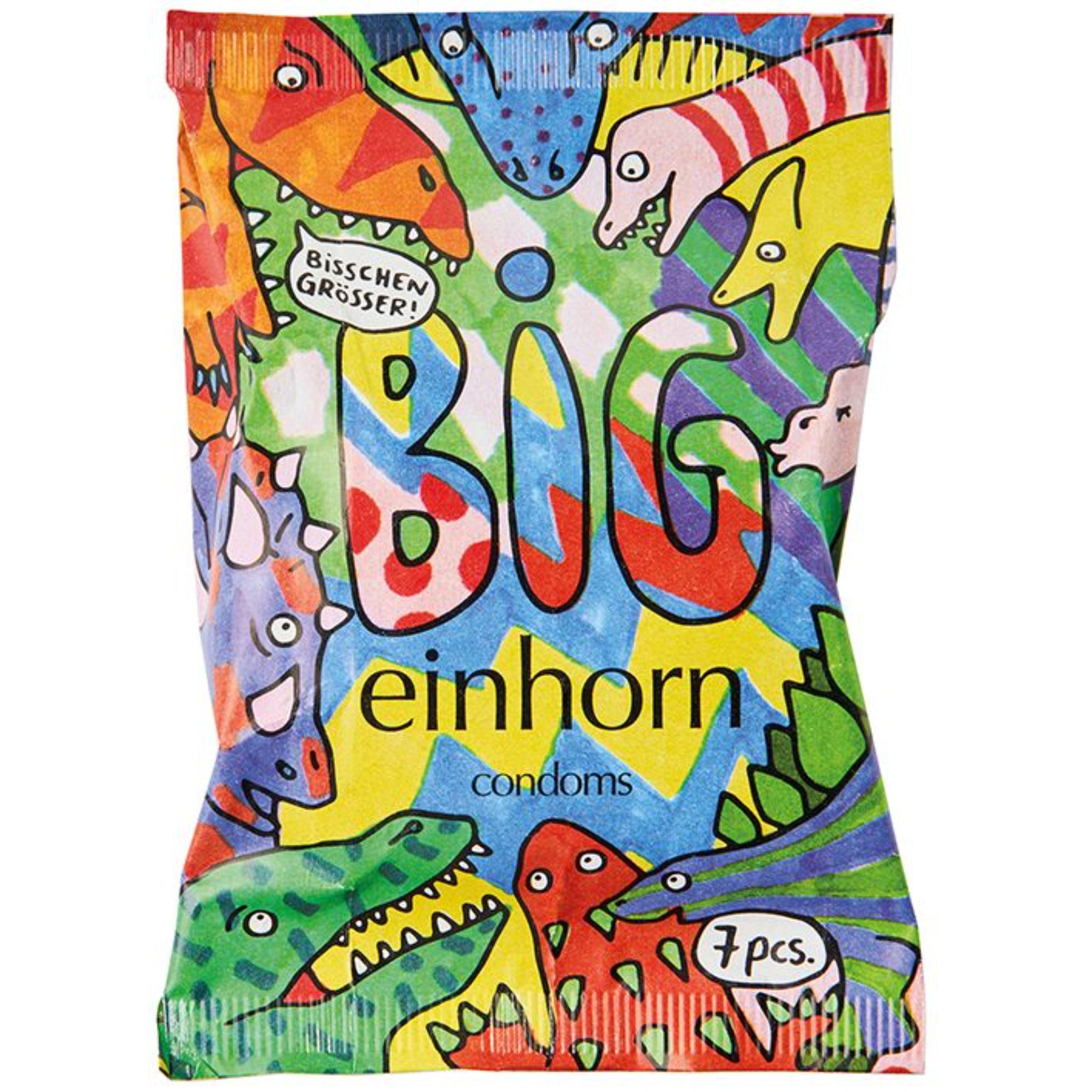 Verpackung mit bunter Dinosaurierillustration und dem Text "BIG einhorn condoms, 7 pcs, bisschen größer!".