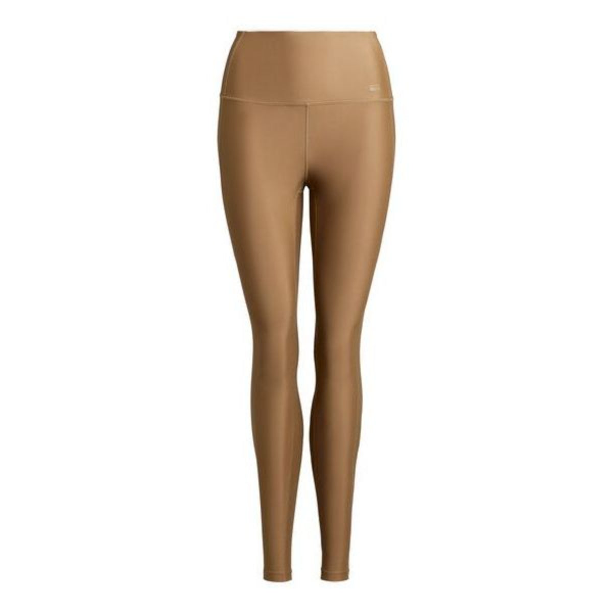 Braune Leggings mit hoher Taille und voller Länge auf weißem Hintergrund. Die Leggings haben ein glattes, tailliertes Aussehen ohne sichtbare Nähte oder Muster.