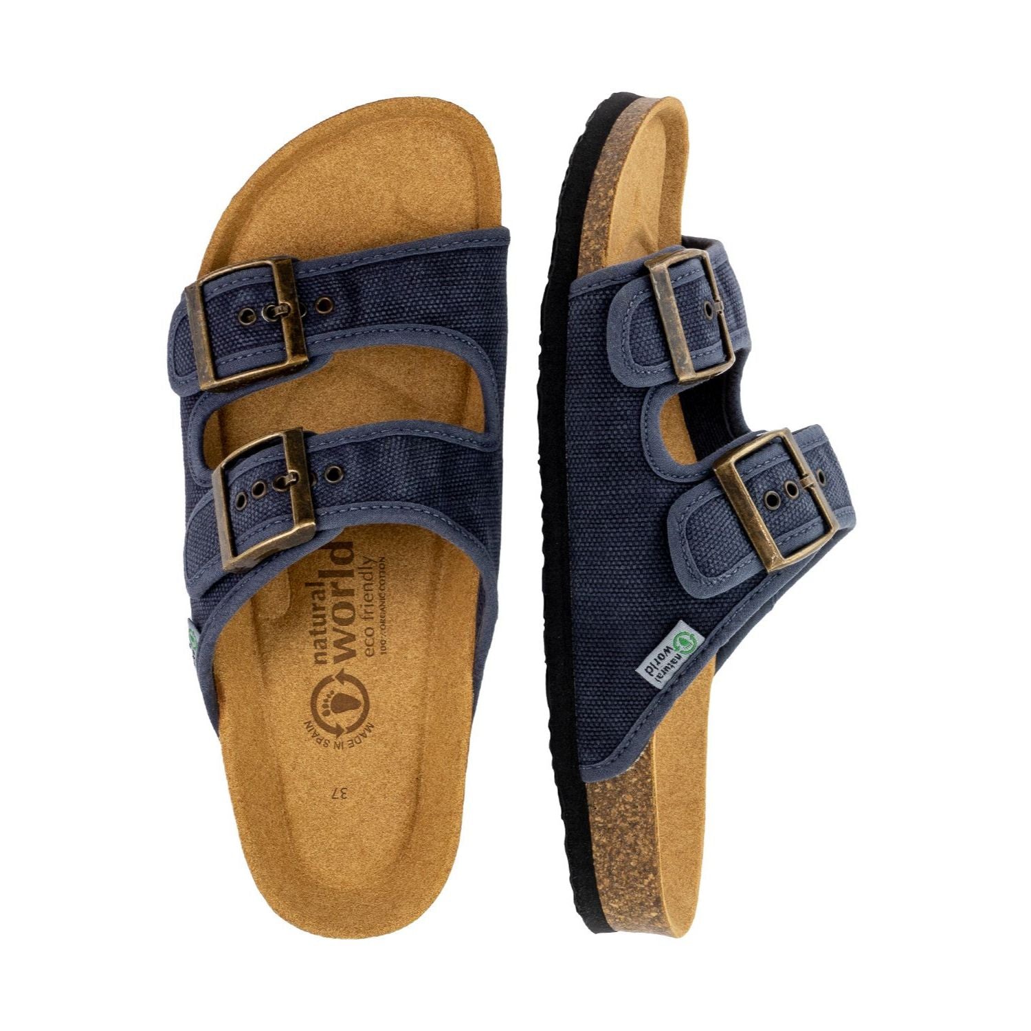Zwei blaue Sandalen mit Korksohle und doppelten Schnallen, auf einem weißen Hintergrund abgebildet.