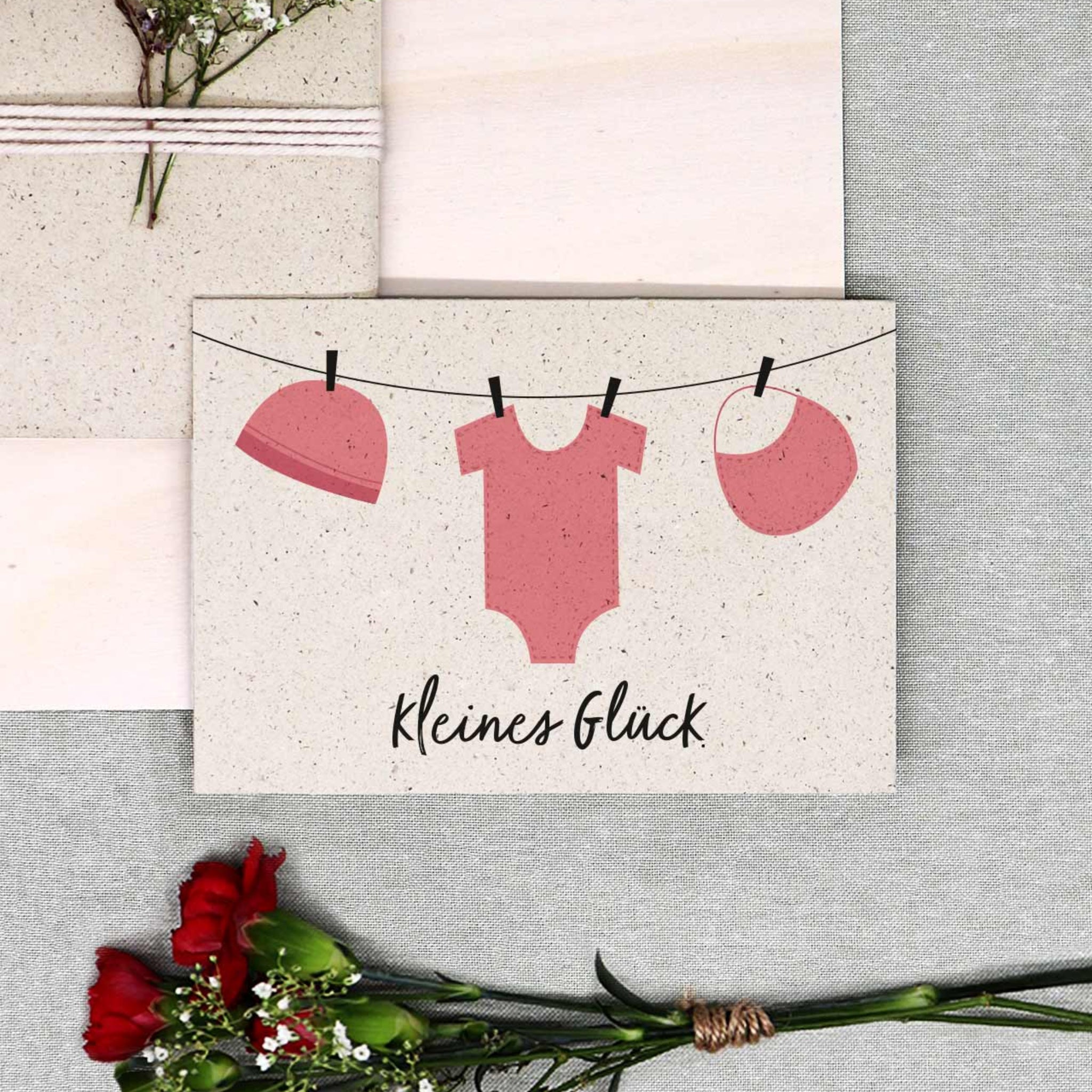 Creapaper Klappkarten aus Graspapier mit Umschlag kleines Glück rosa