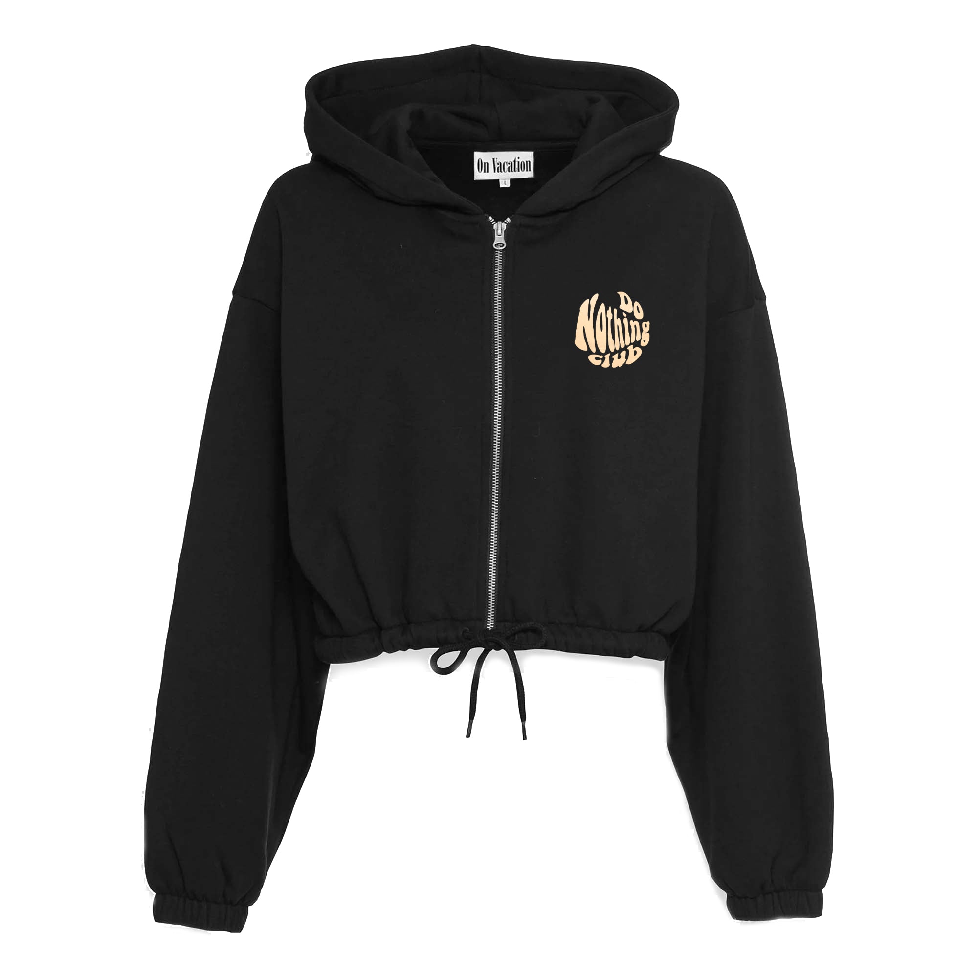 On Vacation Unisex Crop Zip Hoodie "Round Logo" - Black