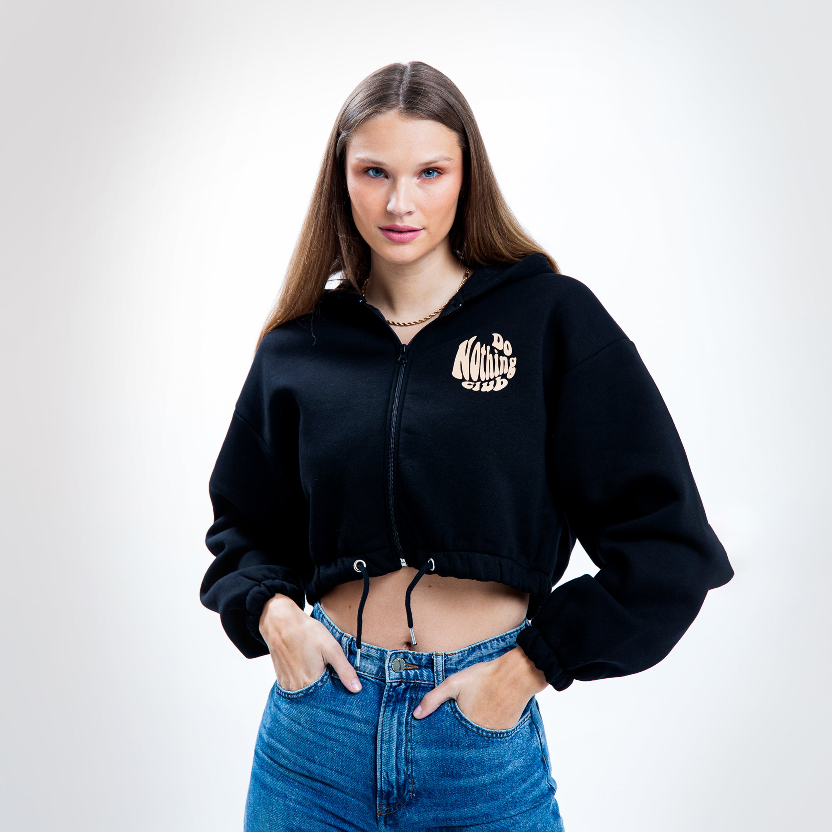 On Vacation Unisex Crop Zip Hoodie "Round Logo" - Black