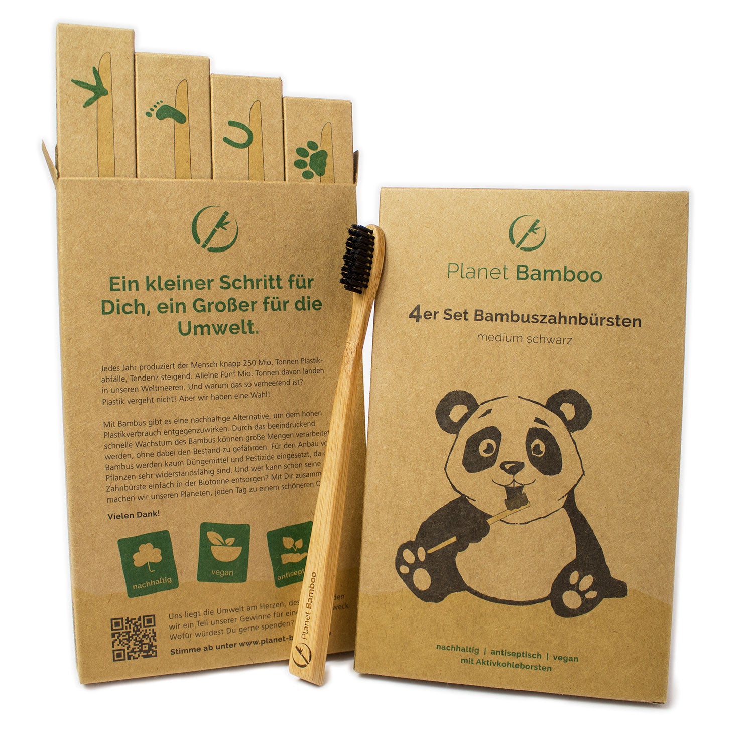 Planet Bamboo 4er-Set Kinder-Bambuszahnbürsten Medium