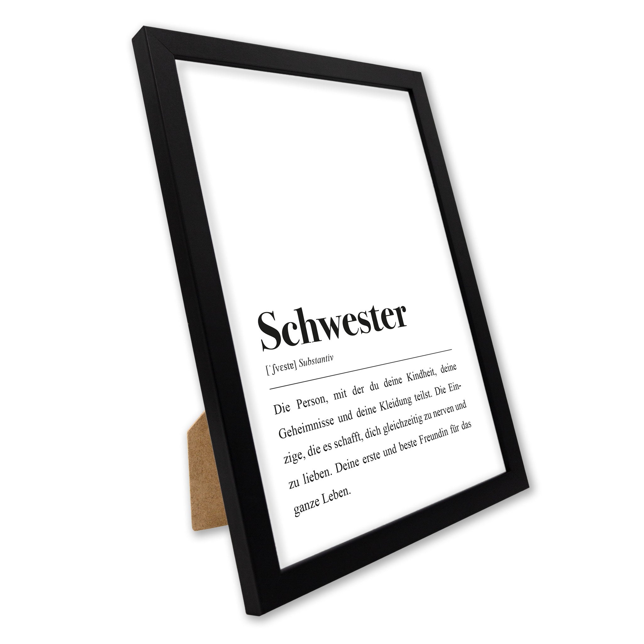 Schwarzer Bilderrahmen mit dem Text "Schwester" und einer Definition darunter auf weißem Hintergrund.
