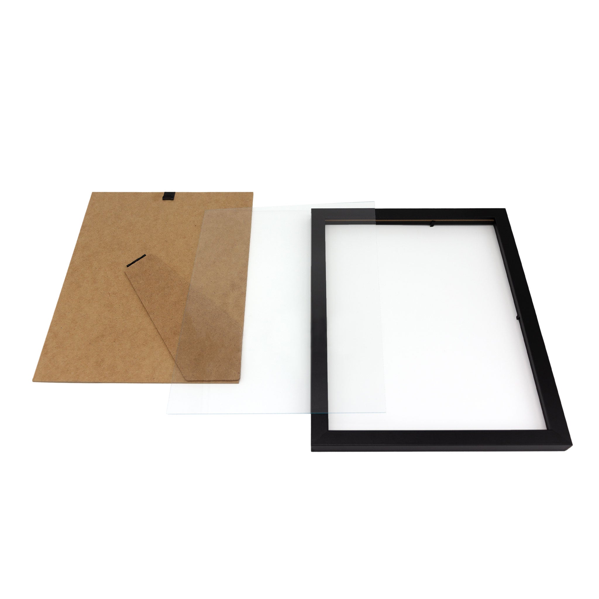 Schwarzer Bilderrahmen mit Glas und Rückwand, nebeneinander auf weißem Hintergrund.