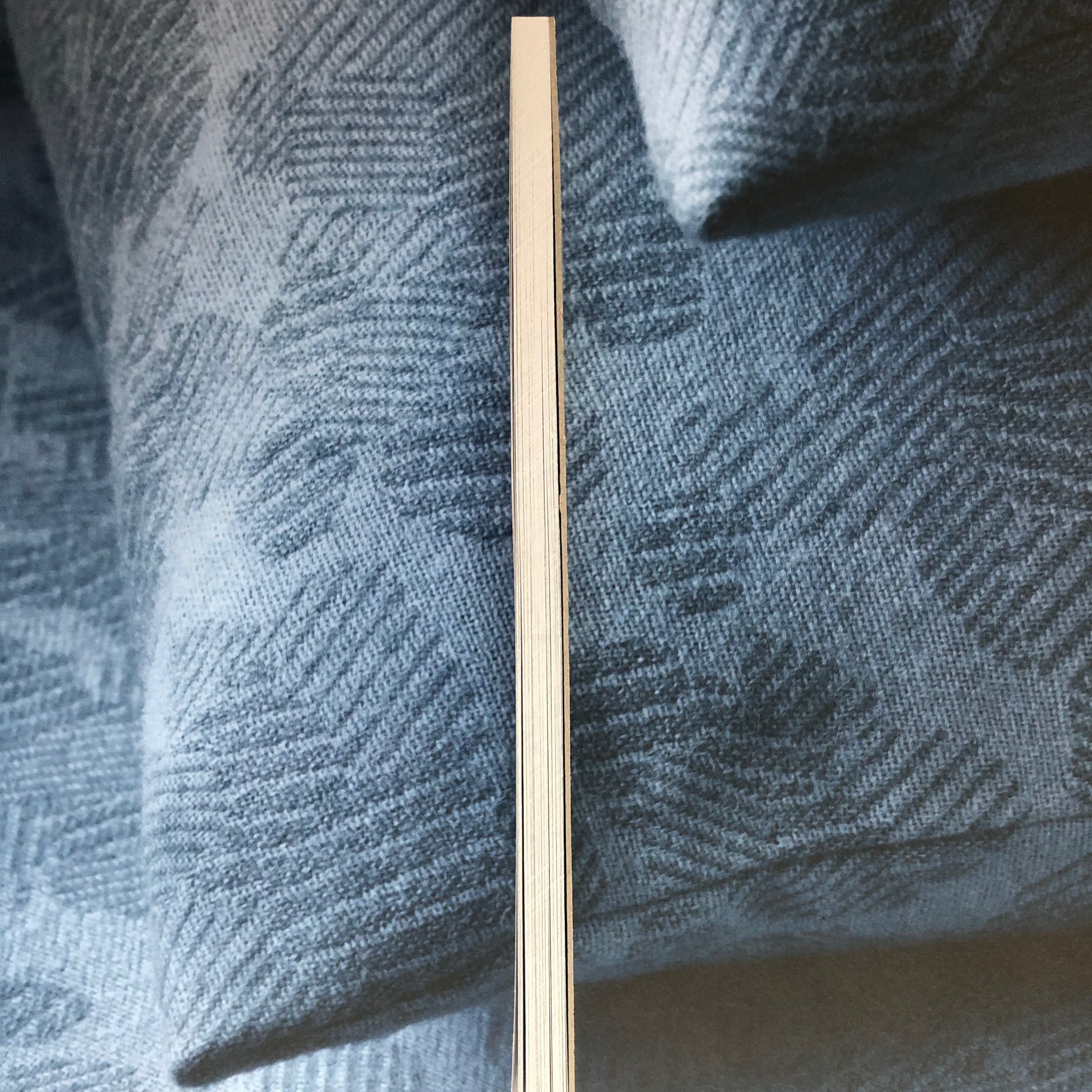 Dünnes Buch, das auf blauem, strukturiertem Stoff mit einer diagonalen Perspektive liegt.