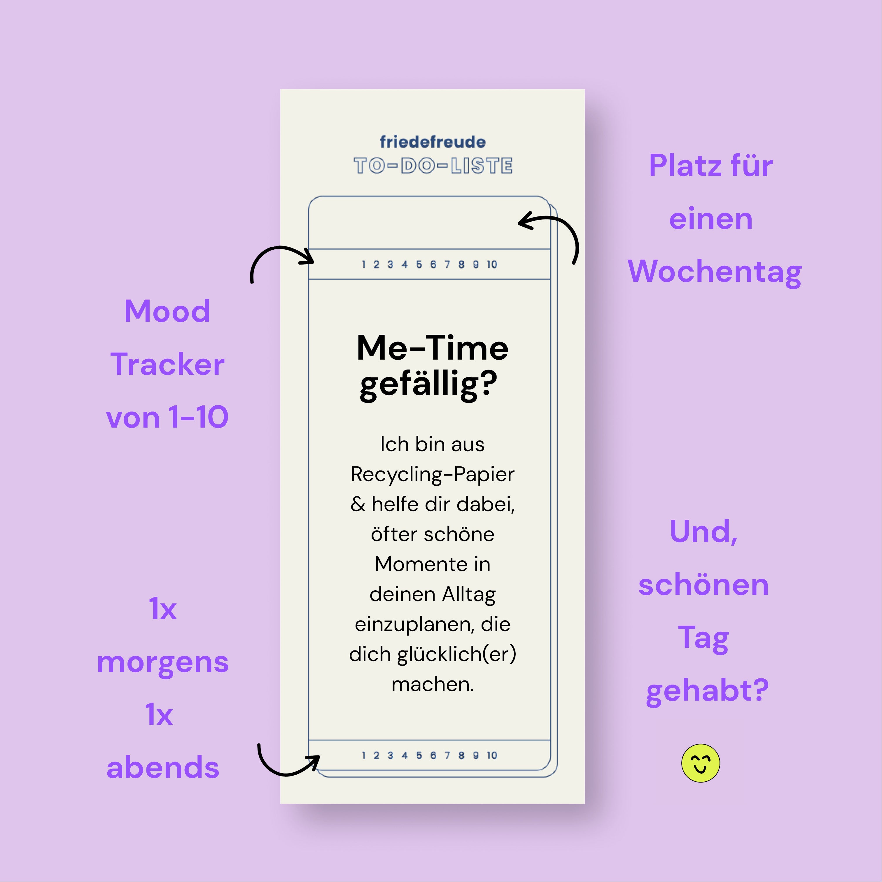Lila Hintergrund mit einer To-Do-Liste aus Recycling-Papier; enthält Mood Tracker und Platz für Wochentage.