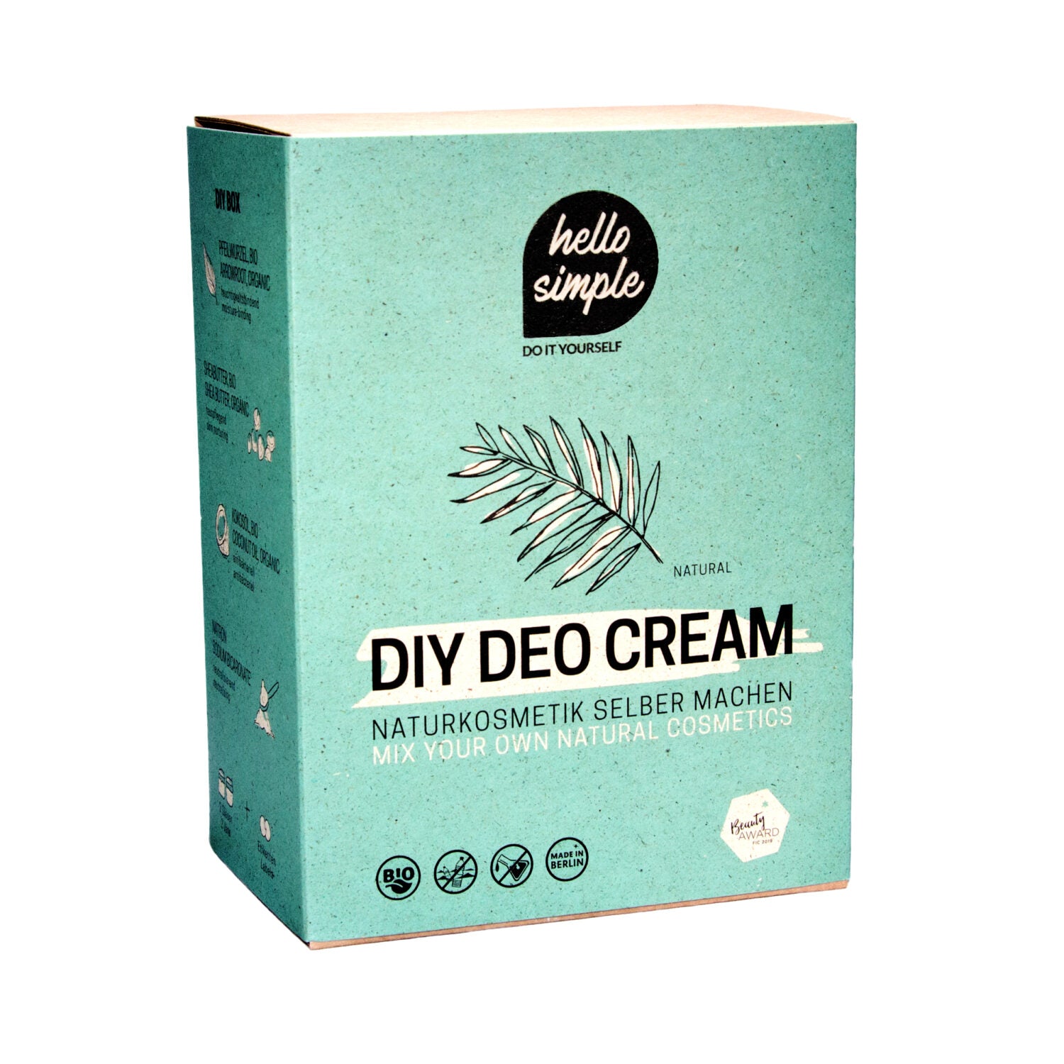 Eine grüne Verpackung von "DIY Deo Cream" mit Weißschrift und einem gezeichneten Blattmuster darauf.