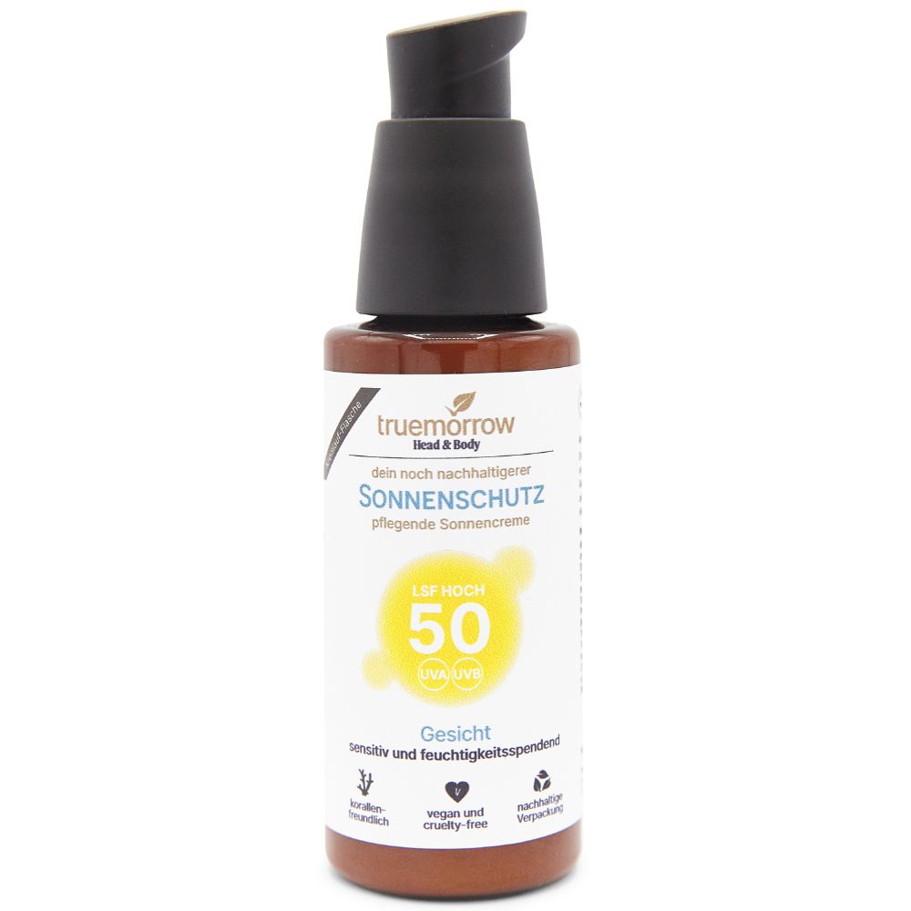 Braune Flasche Sonnencreme von Truemorrow mit Lichtschutzfaktor 50, vegan und umweltfreundlich gekennzeichnet.