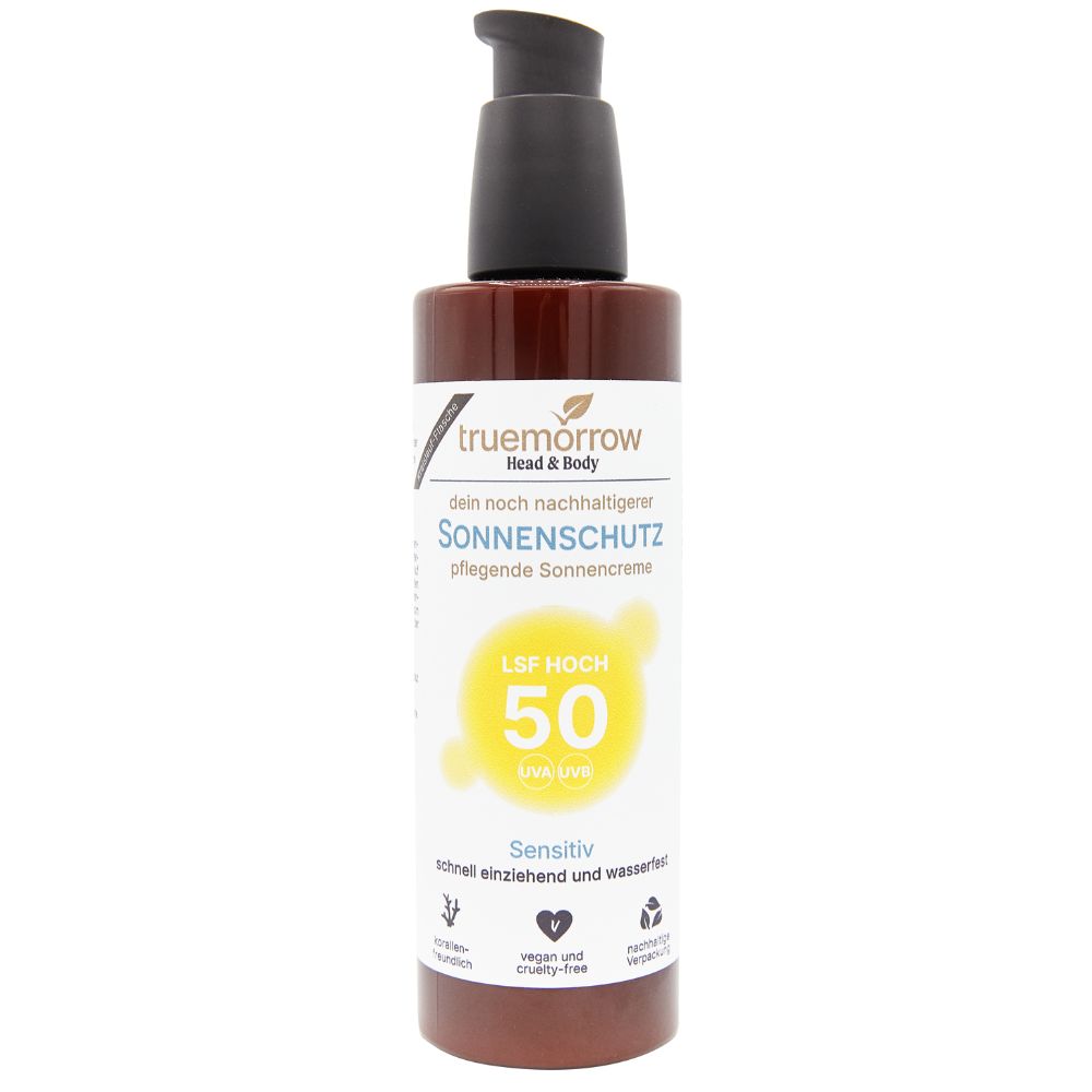 Braune Flasche mit Sonnencreme, LSF 50, von Truemorow. Vegan, korallenfreundlich, nachhaltige Verpackung.